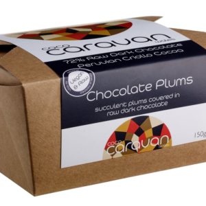 Vegan Chocolate Dried plums (48%) covered with raw dark chocolate.