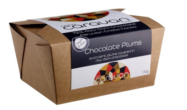 Vegan Chocolate Dried Plums (48%) Covered With Raw Dark Chocolate.